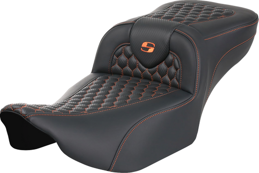 SADDLEMEN Roadsofa™ Extended Reach Seat for FLTR/FLHX '23-'24 with Honeycomb Cover and Orange Stitch - Part 823-07-19003