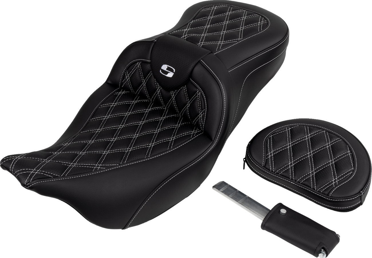 SADDLEMEN Roadsofa™ Seat with Backrest for FL 2008-2023 — Comfortable Touring Saddle with Ventilated Leather and SaddleGel™