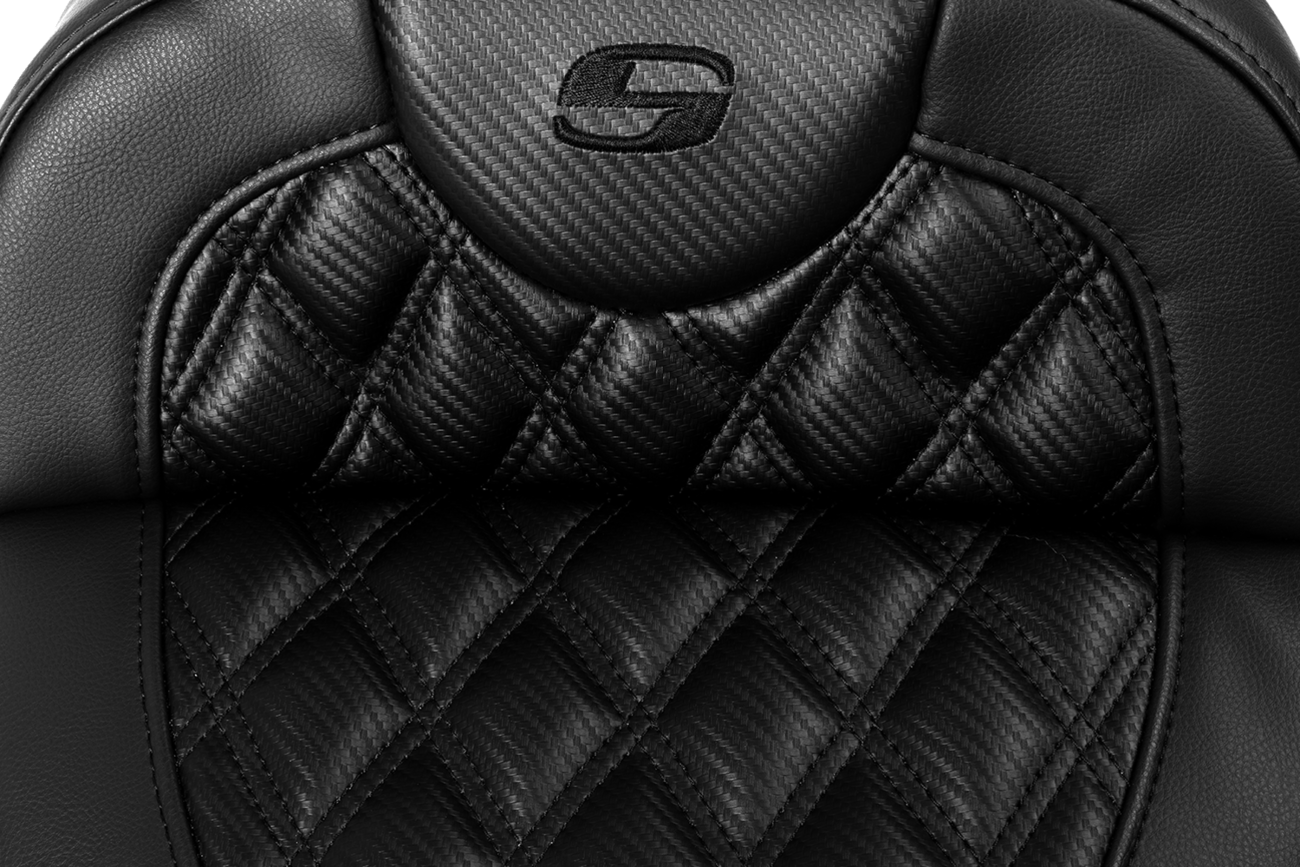 SADDLEMEN Roadsofa™ Extended Reach Seat for FL 2008-2023 – Carbon Fiber with Lattice Stitch, No Backrest, 5-1/2" Lumbar Support