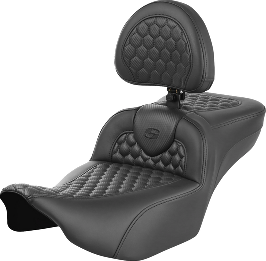 SADDLEMEN Roadsofa™ Extended Reach Seat with Backrest for FLTR/FLHX 2023-2024 - Honeycomb Leather, Part #823-07-190B0