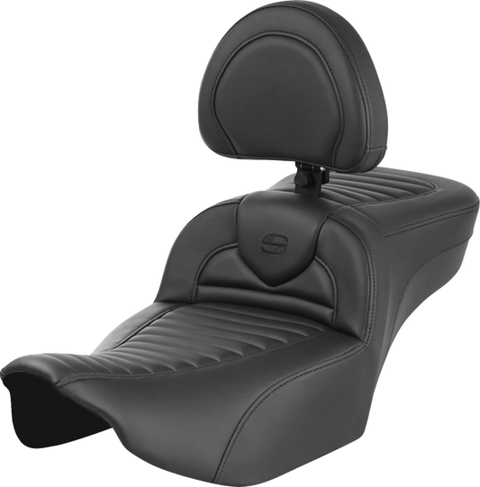 SADDLEMEN Roadsofa™ Extended Reach Seat with Backrest for FLTR/FLHX 2023-2024 – Tuck-n-Roll Style, Saddlehyde Cover