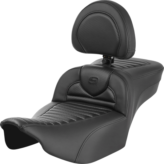 SADDLEMEN Roadsofa™ Extended Reach Seat with Backrest for FLTR/FLHX '23-'24 – Carbon Fiber, Tuck-n-Roll Finish, Part 823-07-205B0