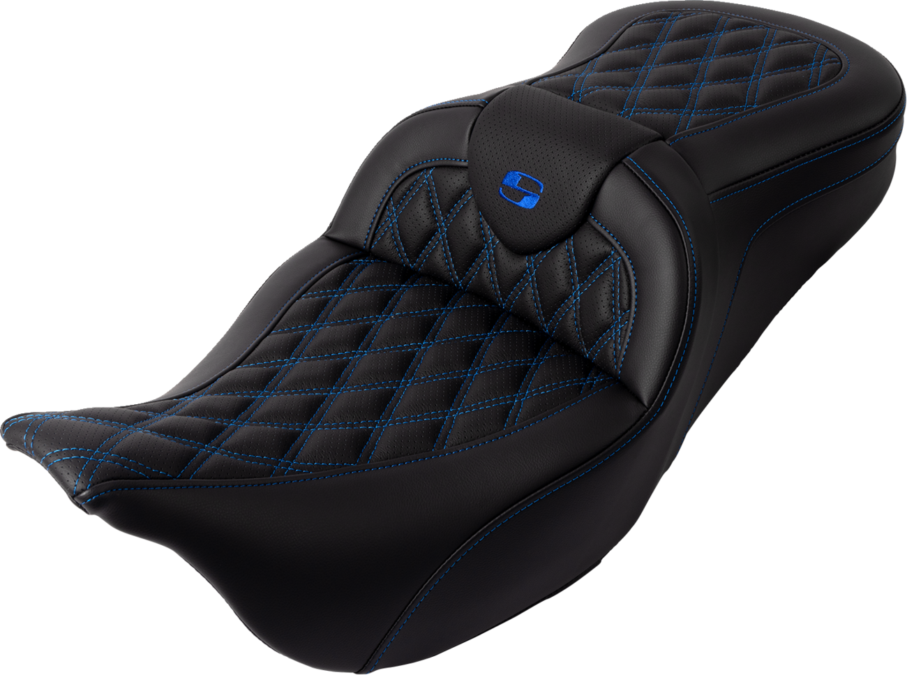 SADDLEMEN Roadsofa™ Seat with Backrest for FL 2008-2023 - Blue Stitch, Part #808-07B-182B1