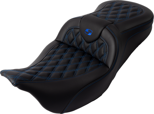 SADDLEMEN Roadsofa™ Seat with Backrest for FL 2008-2023 - Blue Stitch, Part #808-07B-182B1