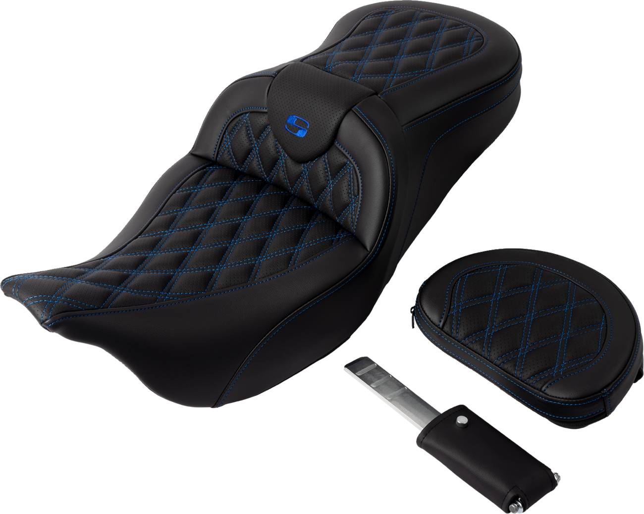 SADDLEMEN Roadsofa™ Seat with Backrest for FL 2008-2023 - Blue Stitch, Part #808-07B-182B1