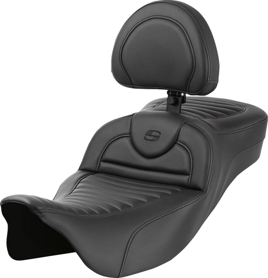 SADDLEMEN Roadsofa™ Extended Reach Seat with Backrest for Harley FL '08-'24 - Tuck-n-Roll Design, Part 808-07B-203B0