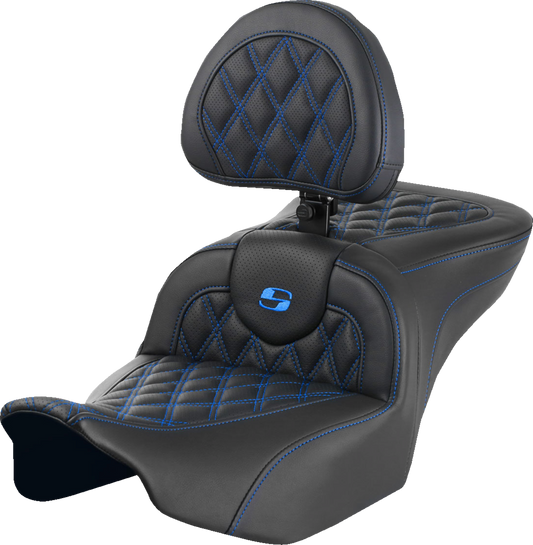 SADDLEMEN RoadSofa™ Seat with Backrest for FLTR/FLHX 2023-2024 - Blue Stitch, Lattice Design – Part Number 823-07-182B1