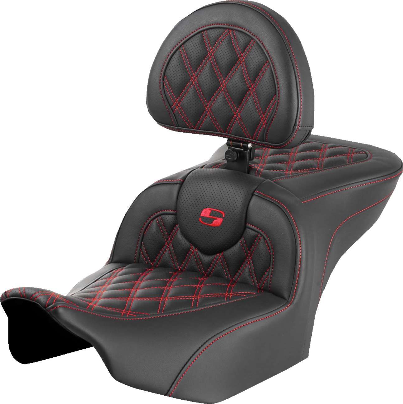 SADDLEMEN RoadSofa™ Seat with Backrest for FLTR/FLHX '23-'24 – Red Stitch, Lattice Stitch, Part #823-07-182B4