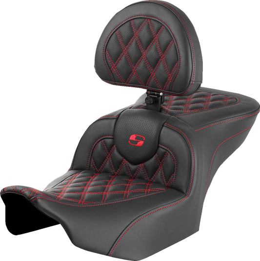 SADDLEMEN RoadSofa™ Seat with Backrest for FLTR/FLHX '23-'24 – Red Stitch, Lattice Stitch, Part #823-07-182B4
