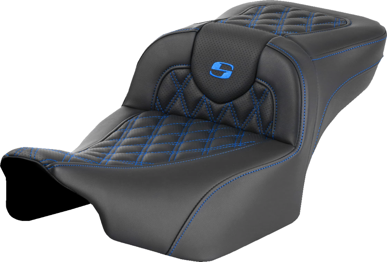 SADDLEMEN Roadsofa™ Extended Reach Seat for FLTR/FLHX '23-'24 with Lattice Stitch and Blue Stitch - Part #823-07-18401