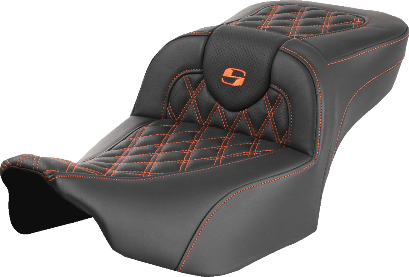 SADDLEMEN Roadsofa™ Extended Reach Seat for FLTR/FLHX 2023-2024 – Orange Stitch, Lattice Design, Part #823-07-18403