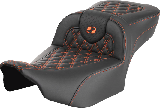 SADDLEMEN Roadsofa™ Extended Reach Seat for FLTR/FLHX 2023-2024 – Orange Stitch, Lattice Design, Part #823-07-18403