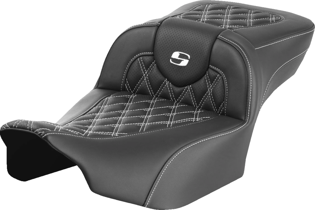 SADDLEMEN Roadsofa™ Extended Reach Seat for FLTR/FLHX '23-'24 - White Stitch, Lattice Design, Part 823-07-18406