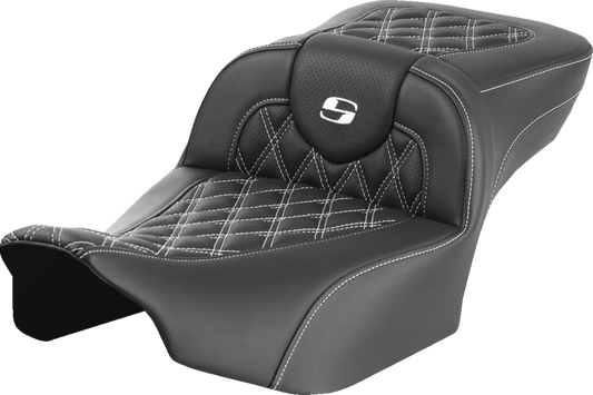 SADDLEMEN Roadsofa™ Extended Reach Seat for FLTR/FLHX '23-'24 - White Stitch, Lattice Design, Part 823-07-18406