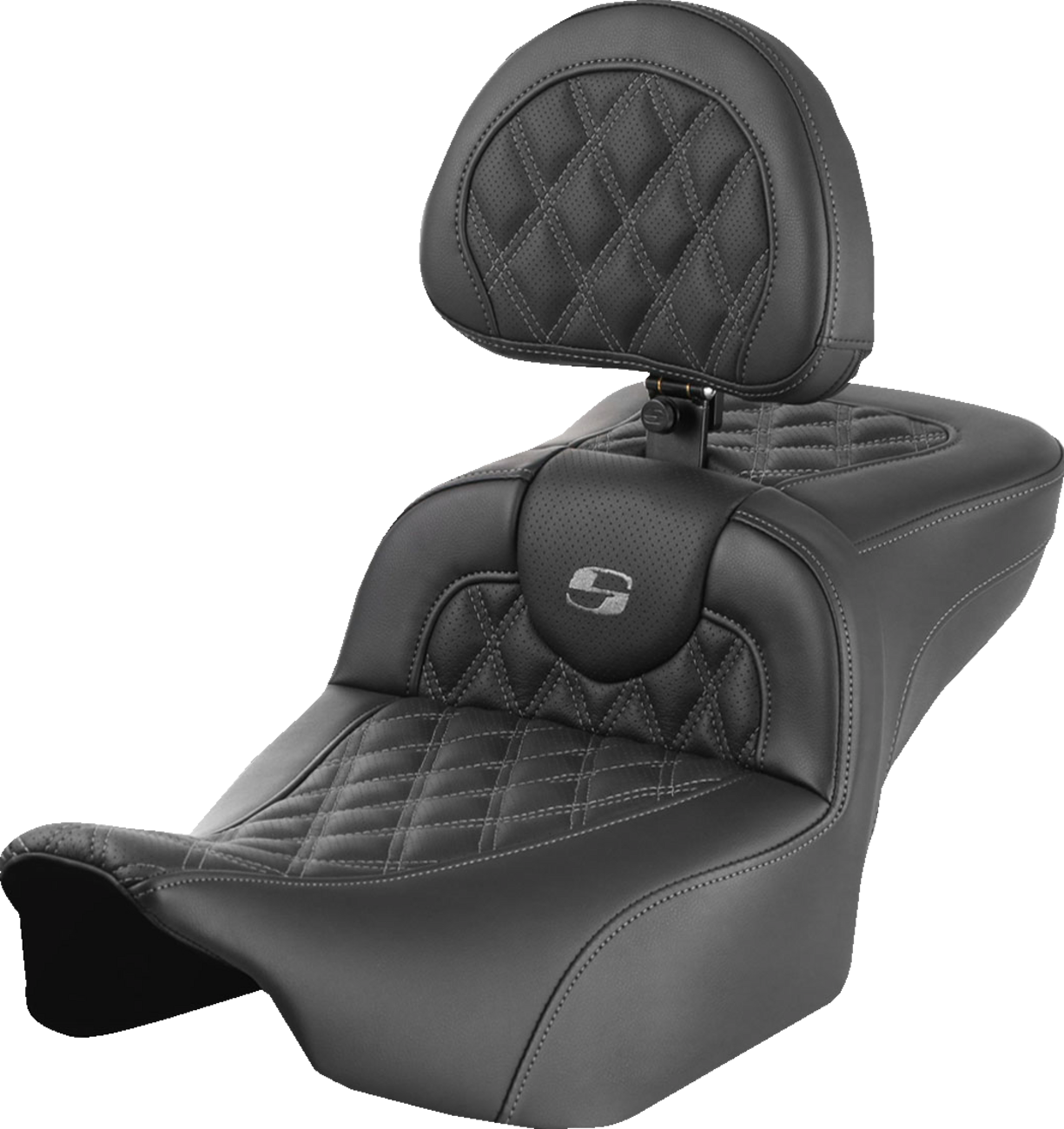 SADDLEMEN Roadsofa™ Extended Reach Seat with Backrest for FLTR/FLHX '23-'24 – Gray Stitch, Lattice Design, Part #823-07-184B2