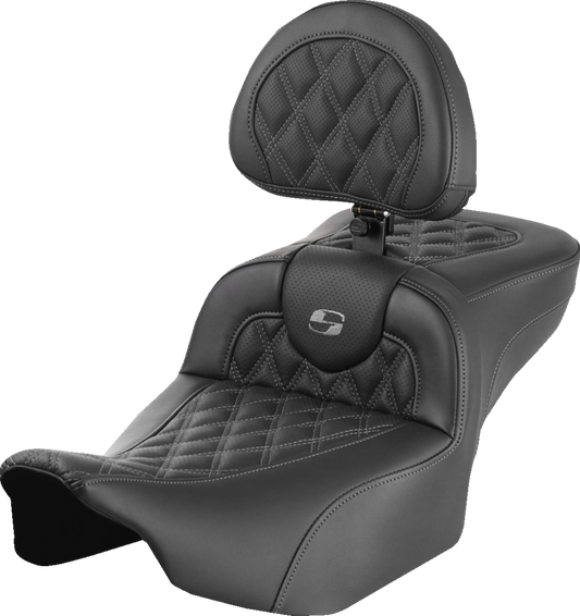 SADDLEMEN Roadsofa™ Extended Reach Seat with Backrest for FLTR/FLHX '23-'24 – Gray Stitch, Lattice Design, Part #823-07-184B2