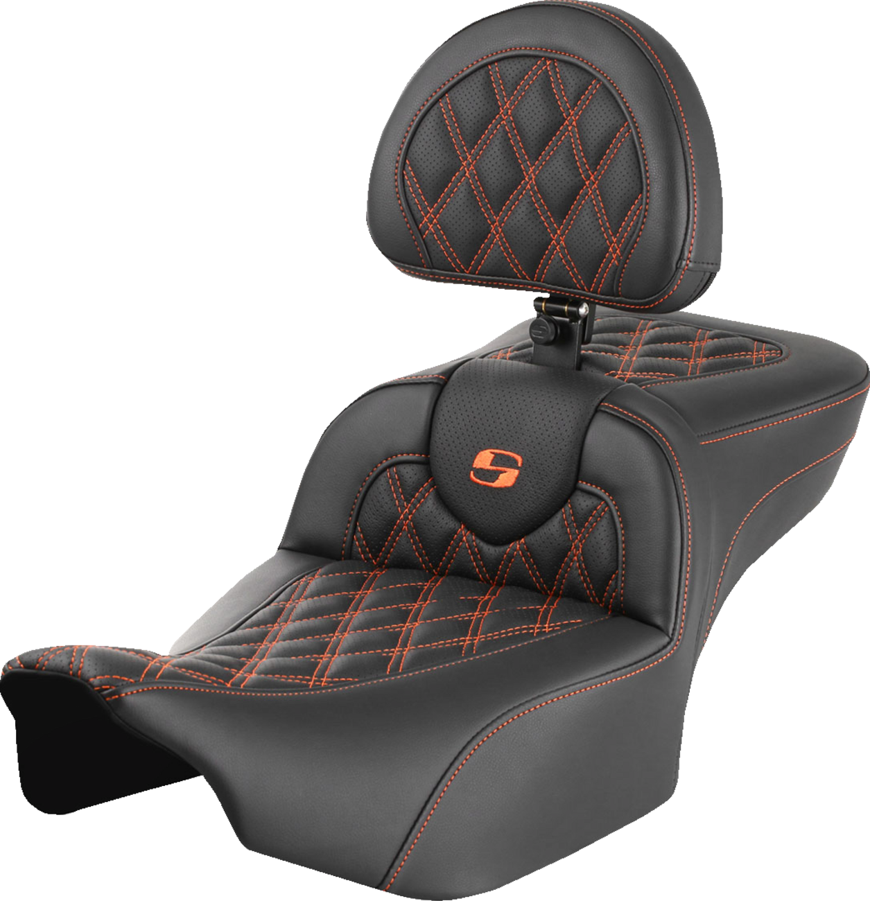 SADDLEMEN Roadsofa™ Extended Reach Seat with Backrest for FLTR/FLHX 2023-2024 – Lattice Stitch Orange Stitch Part #823-07-184B3