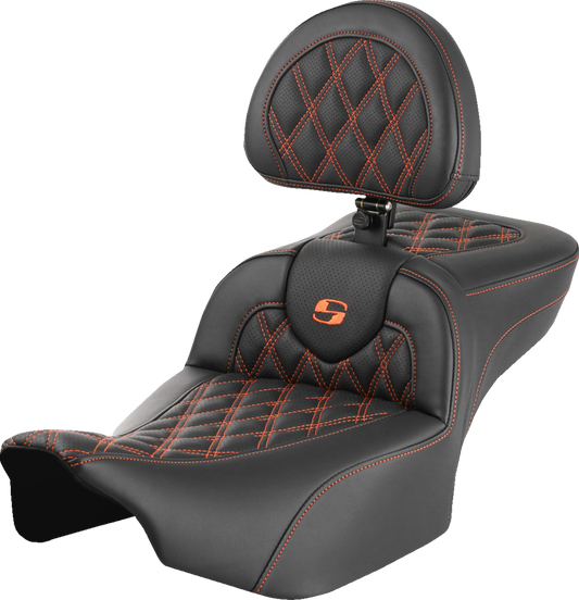 SADDLEMEN Roadsofa™ Extended Reach Seat with Backrest for FLTR/FLHX 2023-2024 – Lattice Stitch Orange Stitch Part #823-07-184B3