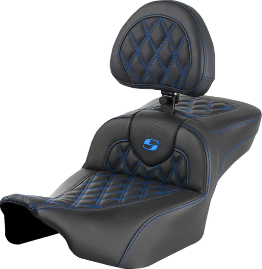 SADDLEMEN Roadsofa™ Extended Reach Seat with Backrest for FLTR/FLHX 2023-2024 – Blue Lattice Stitch, Part 823-07-184B1