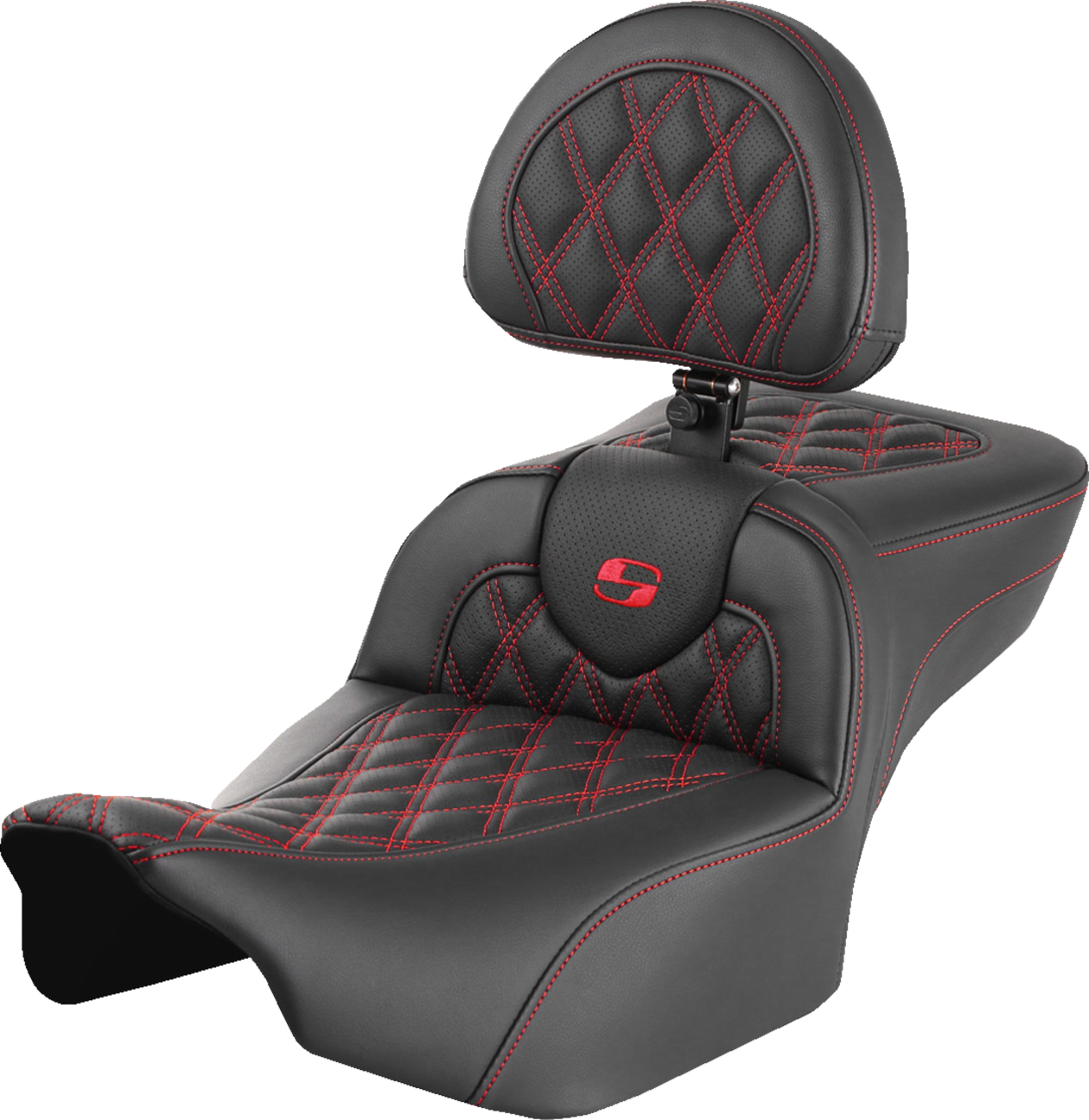 SADDLEMEN Roadsofa™ Extended Reach Seat with Backrest for FLTR/FLHX 2023-2024 - Red Stitch, Lattice Stitch, Part #823-07-184B4