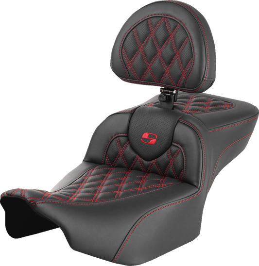 SADDLEMEN Roadsofa™ Extended Reach Seat with Backrest for FLTR/FLHX 2023-2024 - Red Stitch, Lattice Stitch, Part #823-07-184B4