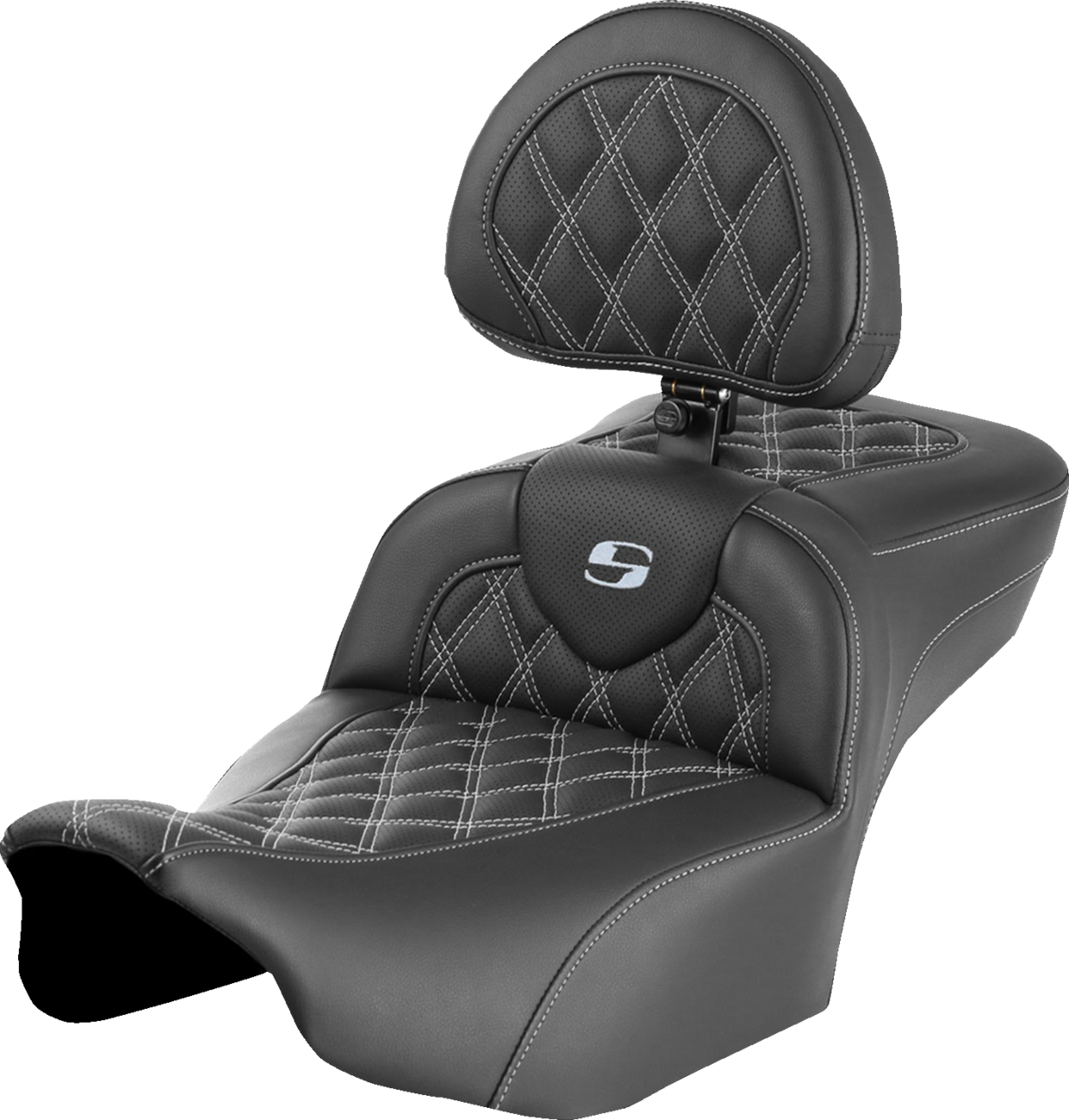 SADDLEMEN Roadsofa™ Extended Reach Seat with Backrest for FLTR/FLHX 2023-2024 - Silver Stitch, Lattice Stitch