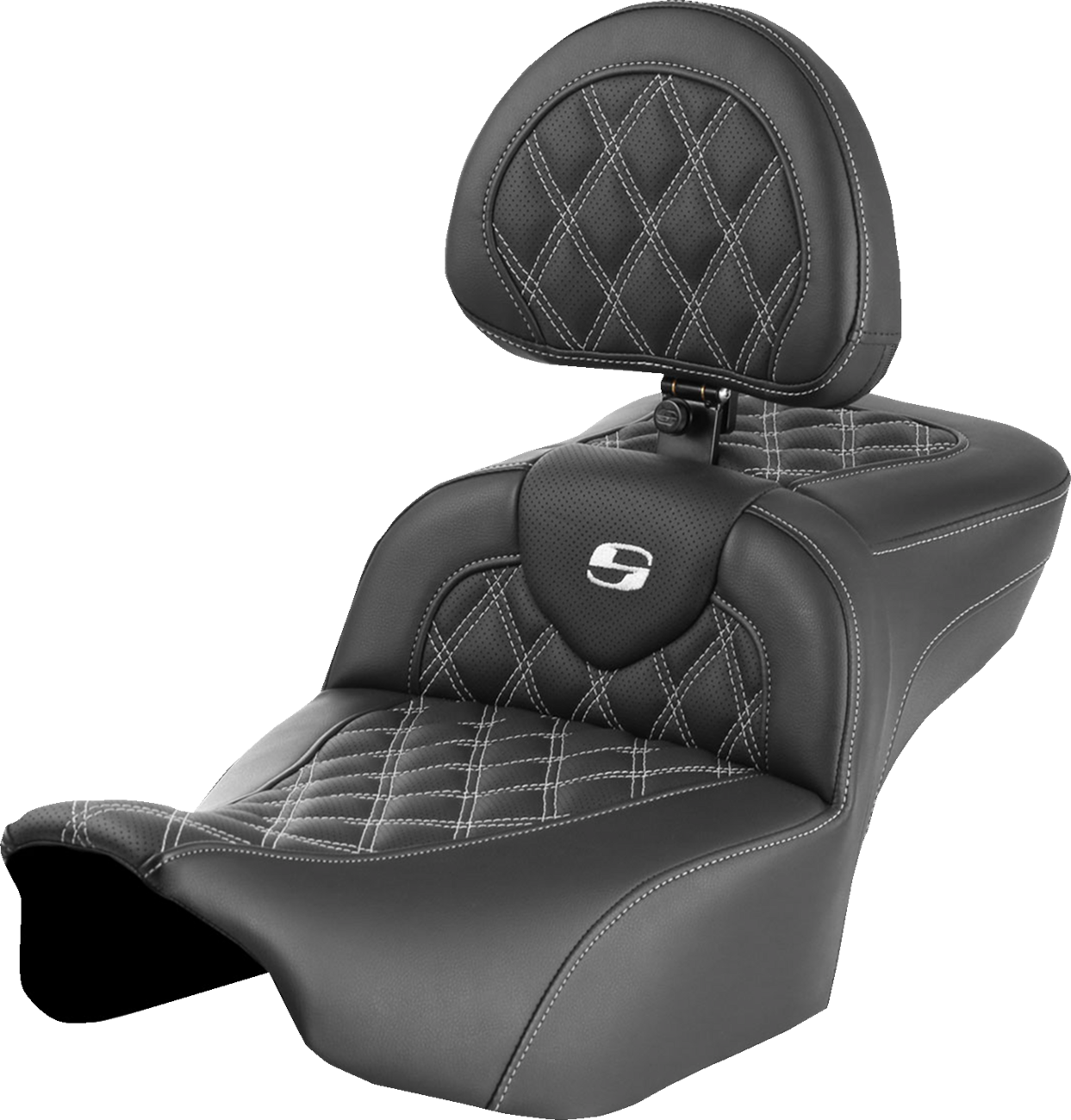 SADDLEMEN Roadsofa™ Extended Reach Seat with Backrest for FLTR/FLHX '23-'24 - White Stitch, Lattice Design, Part 823-07-184B6