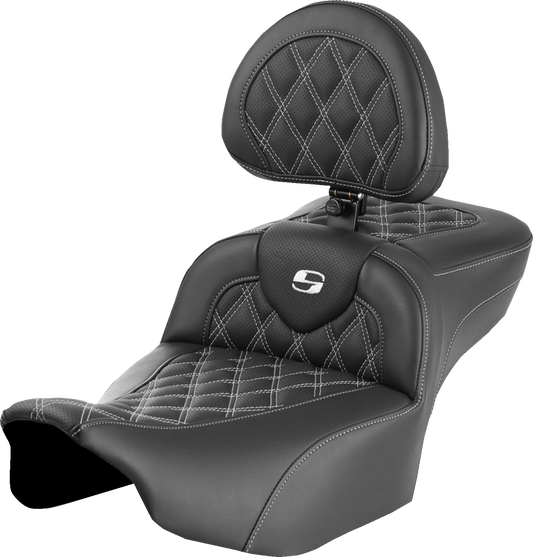 SADDLEMEN Roadsofa™ Extended Reach Seat with Backrest for FLTR/FLHX '23-'24 - White Stitch, Lattice Design, Part 823-07-184B6