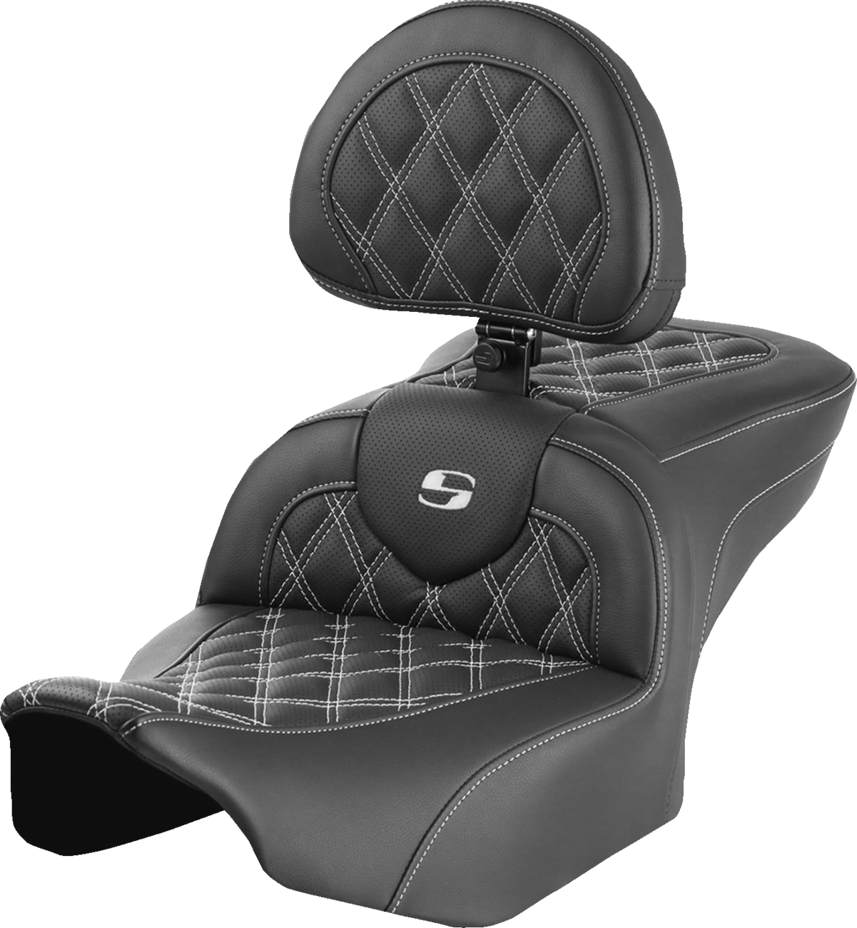 SADDLEMEN RoadSofa™ Seat with Backrest for FLTR/FLHX 2023-2024 – White Stitch, Lattice Design, Part #823-07-182B6
