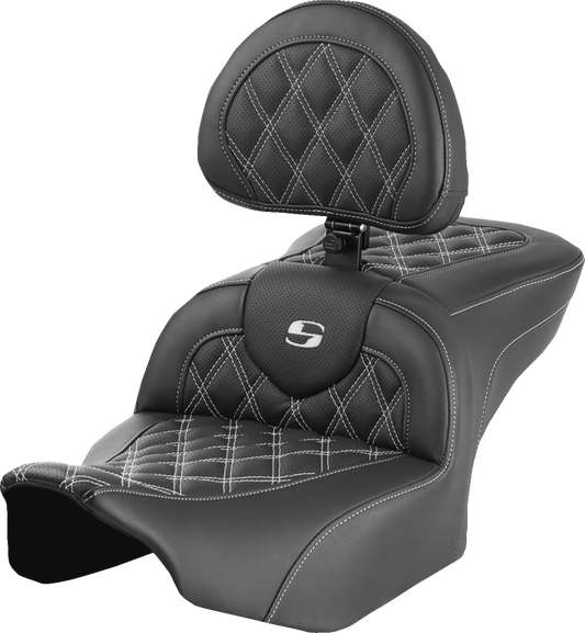 SADDLEMEN RoadSofa™ Seat with Backrest for FLTR/FLHX 2023-2024 – White Stitch, Lattice Design, Part #823-07-182B6