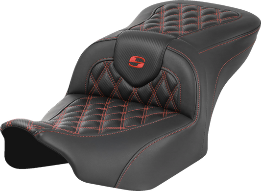 SADDLEMEN RoadSofa™ Seat for FLTR/FLHX '23-'24 with Carbon Fiber Finish and Red Lattice Stitch – Part Number 823-07-20604