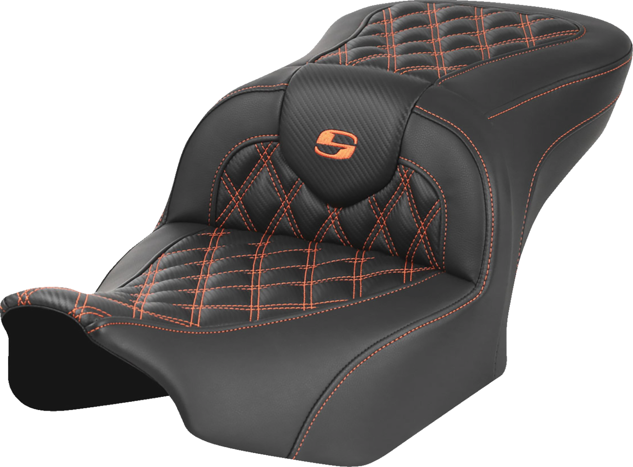 SADDLEMEN RoadSofa™ Seat for FL/FX 2023-2024 with Carbon Fiber Finish and Orange Stitch - Part 823-07-20603