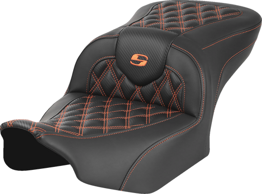 SADDLEMEN RoadSofa™ Seat for FL/FX 2023-2024 with Carbon Fiber Finish and Orange Stitch - Part 823-07-20603