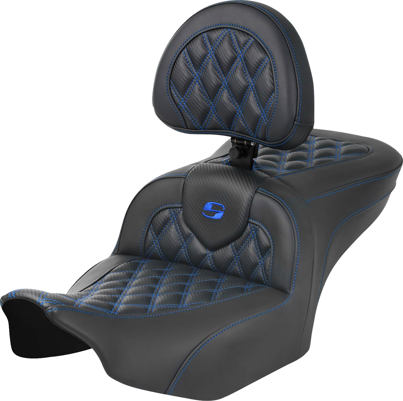 SADDLEMEN RoadSofa™ Seat with Backrest for FLTR/FLHX 2023-2024, Carbon Fiber with Blue Stitch - Part No. 823-07-206B1
