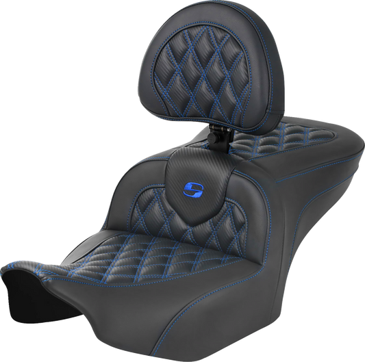 SADDLEMEN RoadSofa™ Seat with Backrest for FLTR/FLHX 2023-2024, Carbon Fiber with Blue Stitch - Part No. 823-07-206B1