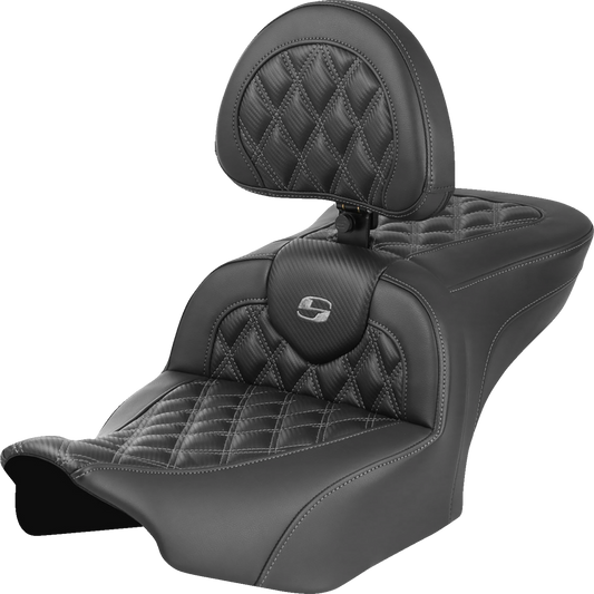 SADDLEMEN RoadSofa™ Seat with Backrest for FLTR/FLHX 2023-2024 – Carbon Fiber Finish with Gray Lattice Stitch, Part No. 823-07-206B2