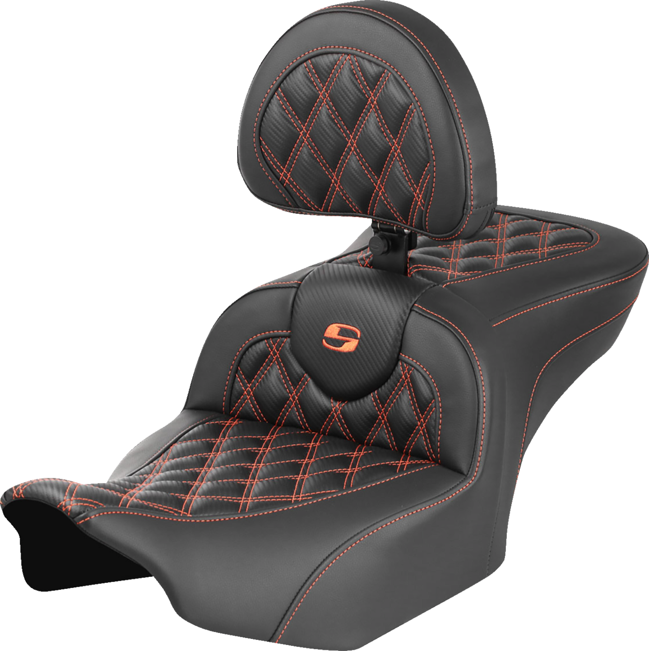 SADDLEMEN RoadSofa™ Seat with Backrest for FLTR/FLHX 2023-2024 - Carbon Fiber, Orange Stitch, Part 823-07-206B3
