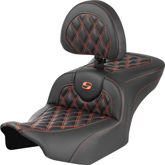 SADDLEMEN RoadSofa™ Seat with Backrest for FLTR/FLHX 2023-2024 - Carbon Fiber, Orange Stitch, Part 823-07-206B3