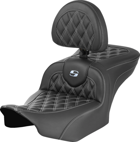 SADDLEMEN RoadSofa™ Seat with Backrest for FLTR/FLHX 2023-2024 - Carbon Fiber Finish, Silver Lattice Stitch, Model 823-07-206B5