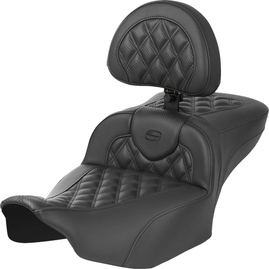 SADDLEMEN Roadsofa™ Extended Reach Seat with Backrest for FLTR/FLHX '23-'24 – Carbon Fiber with Lattice Stitch, Part 823-07-207B0