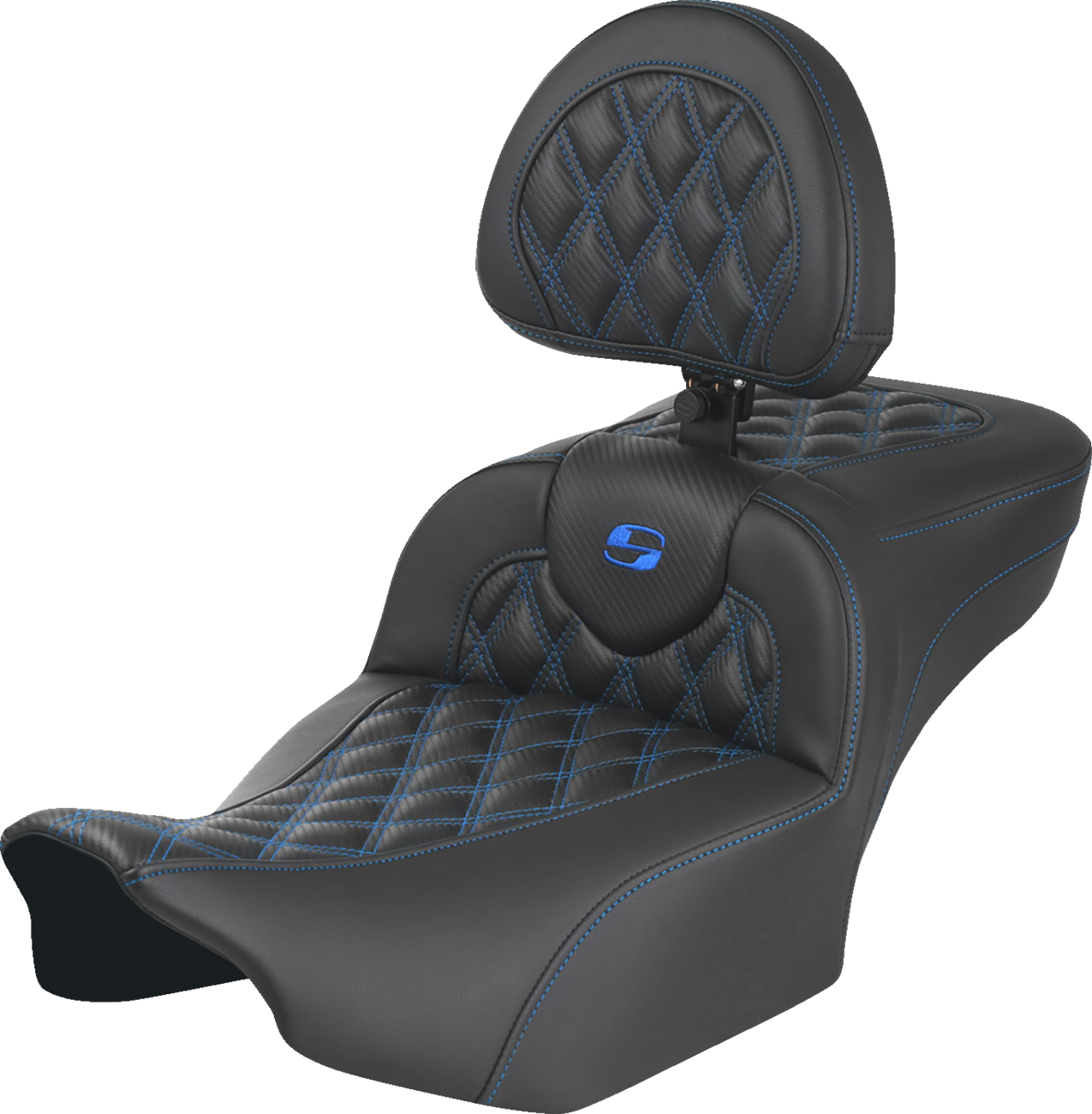 SADDLEMEN Roadsofa™ Extended Reach Seat with Backrest for FLTR/FLHX 2023-2024 - Blue Stitch, Lattice Design, Part 823-07-207B1
