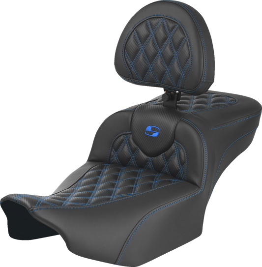 SADDLEMEN Roadsofa™ Extended Reach Seat with Backrest for FLTR/FLHX 2023-2024 - Blue Stitch, Lattice Design, Part 823-07-207B1
