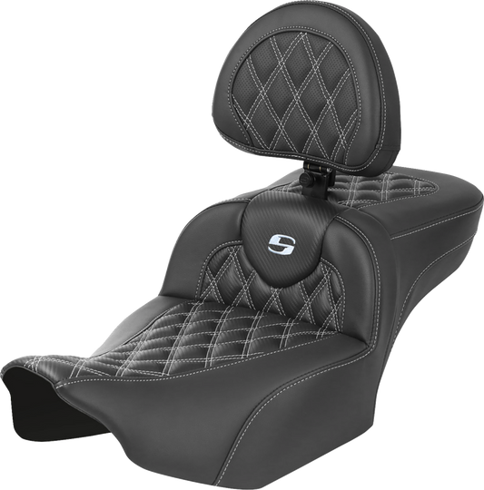 SADDLEMEN Roadsofa™ Extended Reach Seat with Backrest for FLTR/FLHX 2023-2024 – Silver Stitch, Lattice Style, Part #823-07-207B5