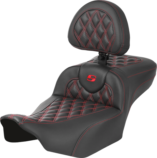 SADDLEMEN Roadsofa™ Extended Reach Seat with Backrest for FLTR/FLHX 2023-2024, Lattice Stitch, Red Stitch – Part 823-07-207B4