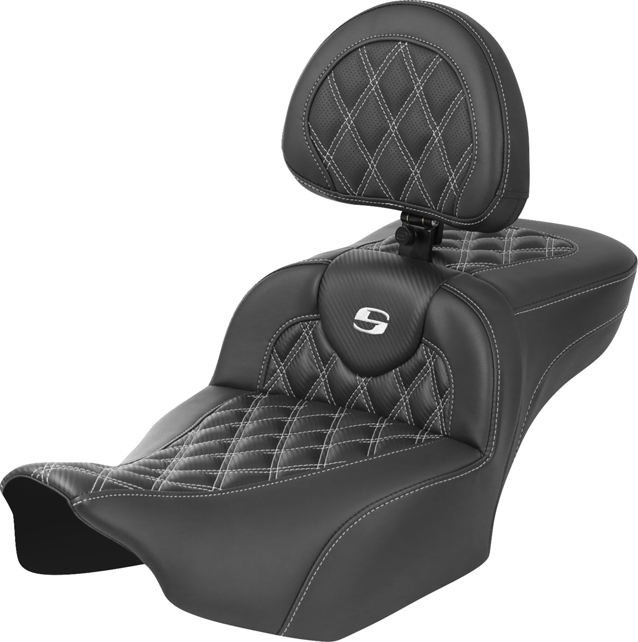 SADDLEMEN Roadsofa™ Extended Reach Seat with Backrest for FLTR/FLHX '23-'24 – White Stitch, Lattice Design, Part 823-07-207B6