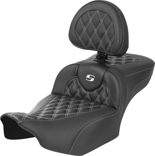 SADDLEMEN Roadsofa™ Extended Reach Seat with Backrest for FLTR/FLHX '23-'24 – White Stitch, Lattice Design, Part 823-07-207B6