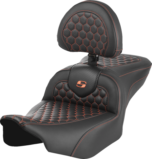 SADDLEMEN Roadsofa™ Seat with Backrest for FLTR/FLHX 2023-2024 - Honeycomb Stitch Orange | Part 823-07-189B3