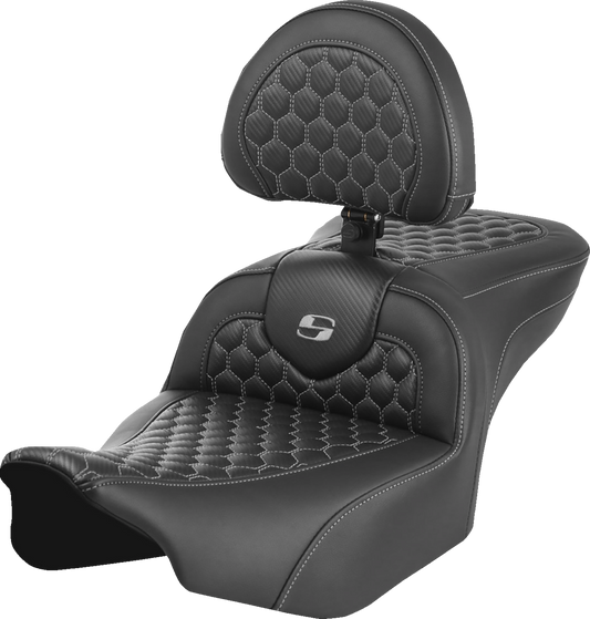 SADDLEMEN Roadsofa™ Seat with Backrest for FLTR/FLHX 2023-2024 – Honeycomb Gray Stitch, Saddlehyde Cover, Part #823-07-189B2