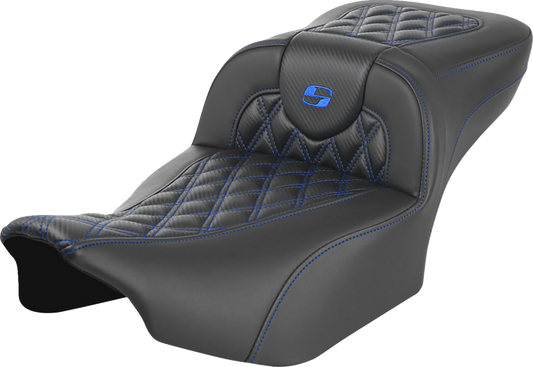SADDLEMEN Roadsofa™ Extended Reach Seat for FLTR/FLHX '23-'24 with Lattice Stitch and Blue Stitch, Part Number 823-07-20701
