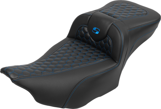 SADDLEMEN Roadsofa™ Extended Reach Seat with Backrest for FLTR/FLHX 2023-2024 – Honeycomb Blue Stitch
